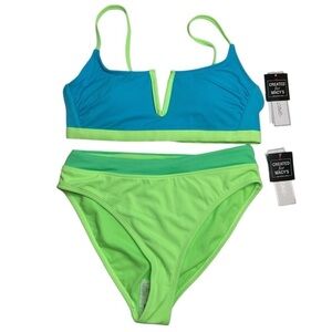 Salt + Cove V-Wire Ribbed Bralette Bikini Top & Bikini Bottoms Blue Green M New